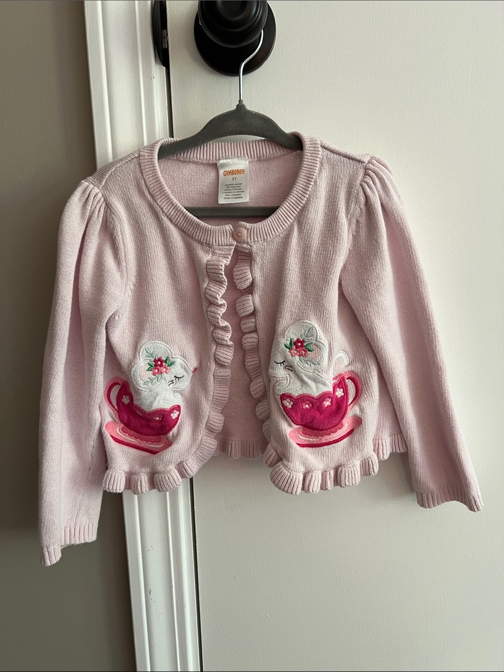 Gymboree 100% Cotton Light Pink Tea Cup Appliqué Ruffle Cardigan